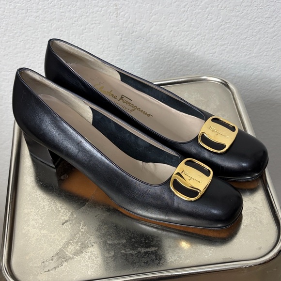 Salvatore Ferragamo Shoes - Salvatore Ferragamo Black Heels with Gold Accent 10AA Narrow like new